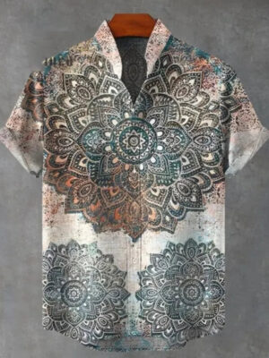 S1b7884fe1e9d44d7b65d11e7814f9157f.jpg 2025 Men's Mandala Flower Pattern Short Sleeve Shirt Summer Vintage New Linen Shirt men's Short Sleeve Leisure Holiday Streetwea