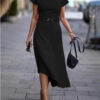 S1bc357bc4742463fb2d6399a4d2a4896O.jpg Freeacy Women's Belted High Neck Short Sleeves Dress 2025 Urban Elegant Office Wear Dresses Asymmetrical Hem Party Dress