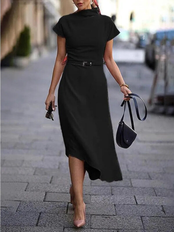 S1bc357bc4742463fb2d6399a4d2a4896O.jpg Freeacy Women's Belted High Neck Short Sleeves Dress 2025 Urban Elegant Office Wear Dresses Asymmetrical Hem Party Dress