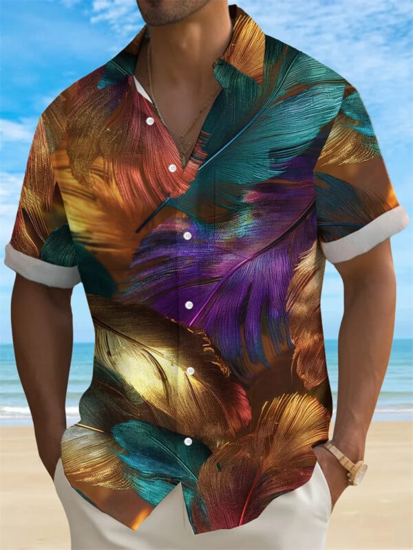 Summer Men's Shirt 3D Print Colorful Feather Short Sleeve Turndown Hawaiian Shirt Button Up Shirts No Pockets Shirts for Women