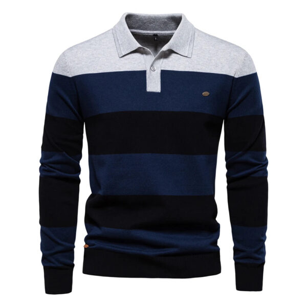 AIOPESON Mens Strip Cotton Button-up Polo Collar Sweater Knit Casual Business Sweaters for Men