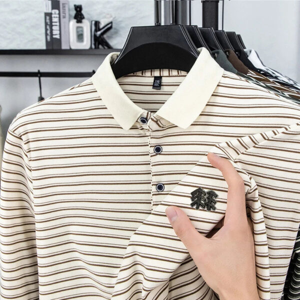 S1f127bfb4a6e4472a757525851b3fef3q.jpg Men's Striped Long Sleeved T-shirt Polo Shirt Button Up Men's Stand Up Collar, Winter Double-sided German Velvet Base Shirt