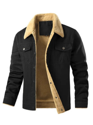 S1f2a4405f3884f6bac36970583c203ddM.jpg Men's Jackets Winter Faux Shearling Lined Windproof Warm Coat Black Buttoned Parka Pockets Comfortable Casual Tops US Size