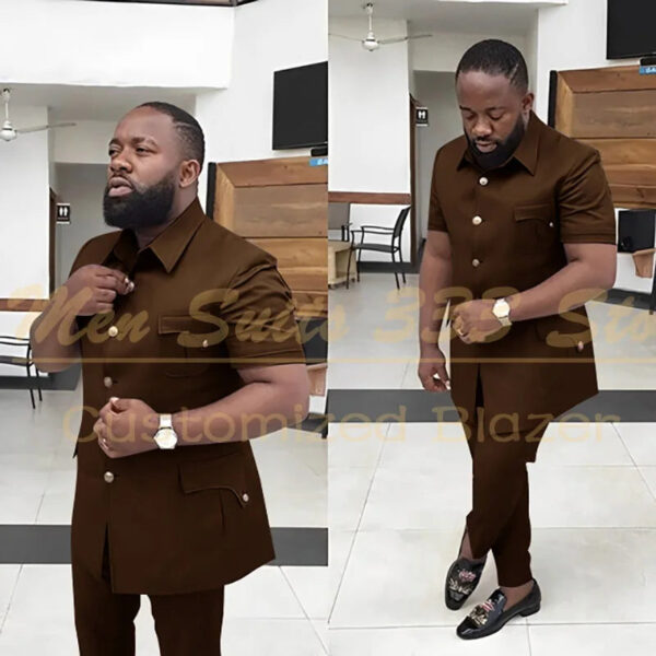 S1f6c020c569842c79ca7f1ccc6cbd58aO.jpg Summer Men's Suits Solid Color Short Sleeve Single Breasted Stand Lapel Casual Outfits 2 Piece Jacket Pants Set Slim Fit Terno