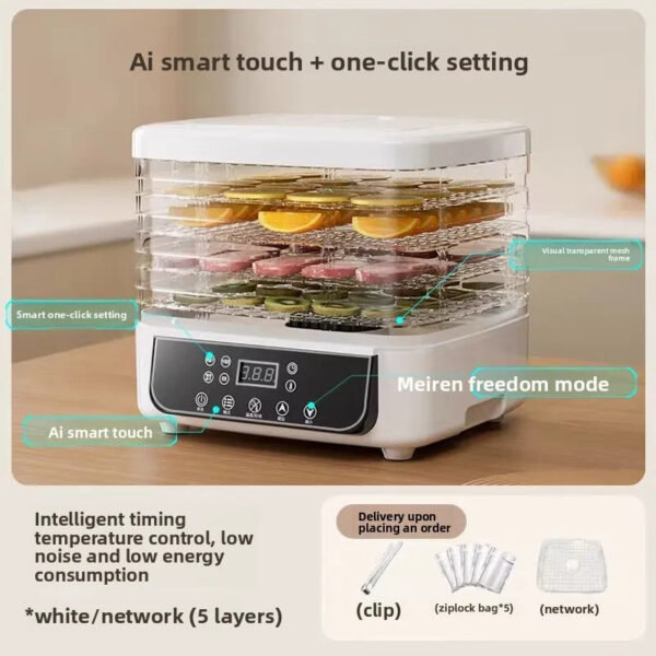 5-Tier Transparent Food Dehydrator, Adjustable Timer & Temp, BPA-Free – for Fruits/Herbs/Jerky, Compact & Quiet energy-saving