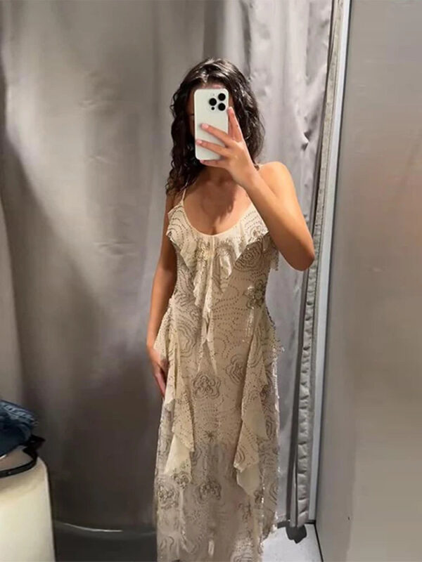 S21b170a845614e15be69fd5e44abe6b2j.jpg Floral Print V-Neck Sling Dress for Women Ruffle Detail Backless Long Party Gown Elegant Bodycon Style Casual Short Dress
