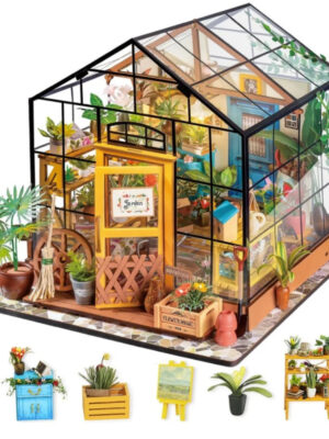 S235a418a0c5a4f16968240526f9dbc6bK.jpg Robotime Mini Green House Cathy's Flower House DIY Dollhouse Wooden Miniature Furniture Kit with LED Best Birthday Gifts