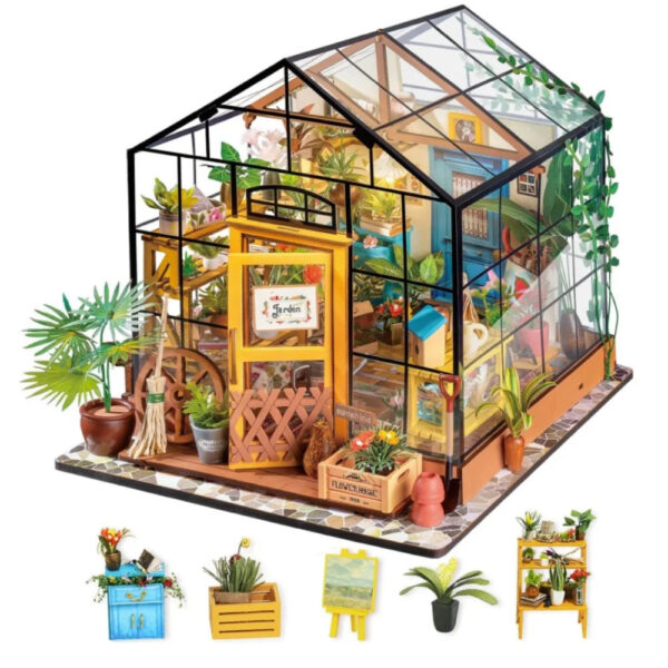 S235a418a0c5a4f16968240526f9dbc6bK.jpg Robotime Mini Green House Cathy's Flower House DIY Dollhouse Wooden Miniature Furniture Kit with LED Best Birthday Gifts