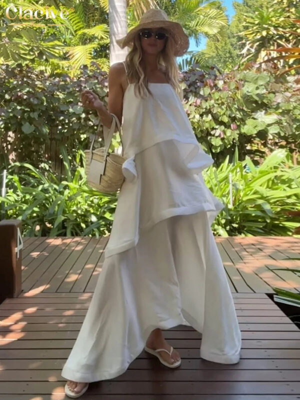 S245f4699d82743fa993f9368c05b4aabf.jpg Clacive Summer Loose White Women's Dress 2025 Fashion Strap Sleeveless Ankle Length Dresses Elegant Classic Pleated Female Dress