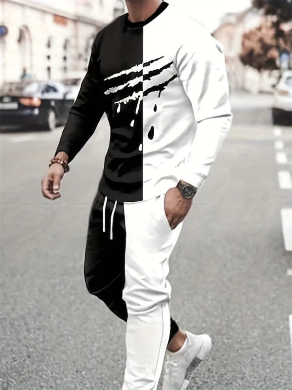 S24992c9f262742819b0192a582e2fca6a.jpg Autumn Men's Sportswear Suit Mens Long-sleeved T-shirt Long Pants Suit Retro Quilted Print Casual Street Tops Two-piece Clothing
