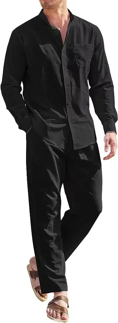 Mens Casual Linen Two Piece Sets 2024 Europe Style Vintage Basic Tops and Solid Pants Suit Male Beach Tracksuits Set
