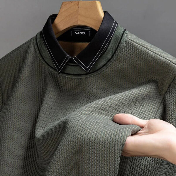 S25a20a3bb0664771b8295c181bf36b64Y.jpg 2023 Spring and Autumn Oversized Versatile Korean Edition Trend Solid Color Long Sleeve Polo Collar Fake Two Piece Knitted Shirt