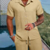 S261b659fe6404de380ba8bffa827a2b2D.jpg Spring And Summer New Sports Men's Polo Casual Solid Color Loose Short-sleeved Drawstring Shorts Cardigan Striped Sports Suit