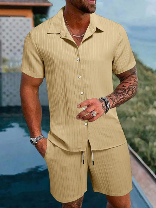 S261b659fe6404de380ba8bffa827a2b2D.jpg Spring And Summer New Sports Men's Polo Casual Solid Color Loose Short-sleeved Drawstring Shorts Cardigan Striped Sports Suit