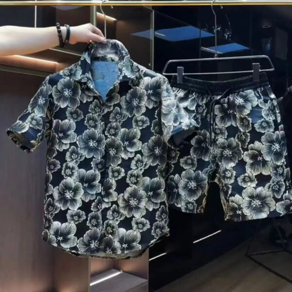 S27dc728fb6a840ae84abf3630c911f8eg.jpg Ethnic Style Embossed Gold-hot Flower Short-sleeved Shirt and Shorts Two-piece Set Men Summer Loose Black Gold Shirt Set