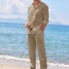 Mens Casual Linen Two Piece Sets 2024 Europe Style Vintage Basic Tops and Solid Pants Suit Male Beach Tracksuits Set