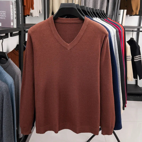 S2af50c8e990e44bc8c8b2c0bfe2b74f1s.jpg 2025 Men's V-Neck Basic Solid Color Sweatshirt Warm Autumn Knitted Oversize Pullover Elastic round Neck Sweater for Casual Wear