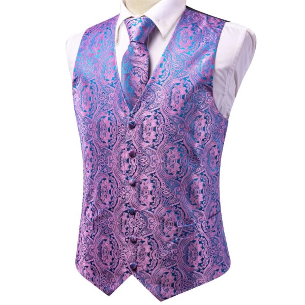Wedding Purple Men Vest Paisley Floral Necktie Handkerchief Cufflinks Sets Blue Green Red Male Sleeveless V-Neck Waistcoat Party