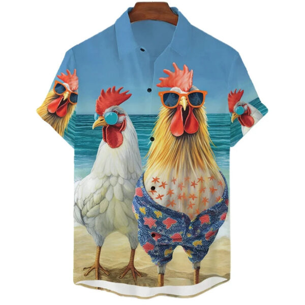 Funny Chicken Graphic Shirts For Men Clothes Cute Cartoon Hawaiian Short Sleeve Fashion Animal 3D Print Blouses Y2k Beach Shirts