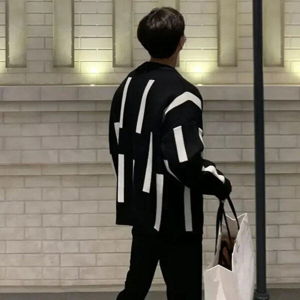 S2dfde92335684b1d99fef2a895a6fe27m.jpg Men's Clothing Cardigan Knit Sweater Male Black Striped Korean Autumn Clothes V Neck Best Selling Products 2025 Y2k Streetwear A