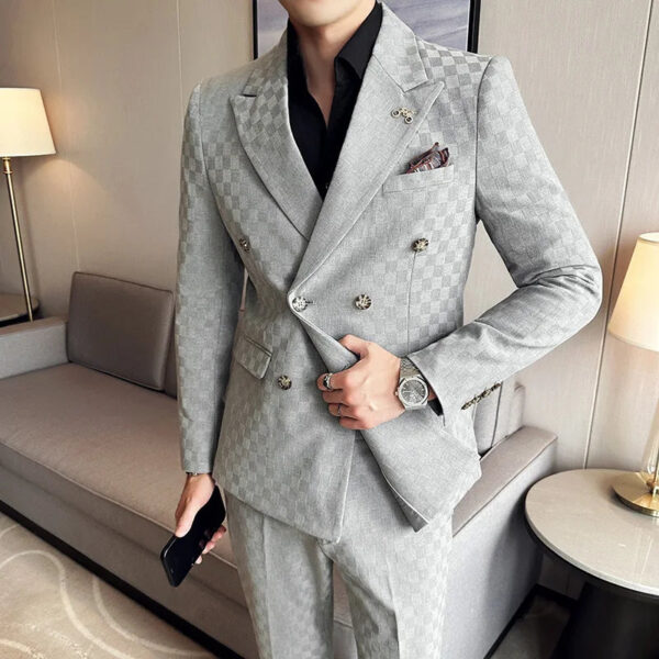 S2e822e939d9548e7a5d02bbda7c8bdfd1.jpg (Jacket+Pants)Luxury Checkered Double Breasted Suit 2 Pieces Fashion Business Slim Fit Social Formal Suit Evening Dress 5XL-M