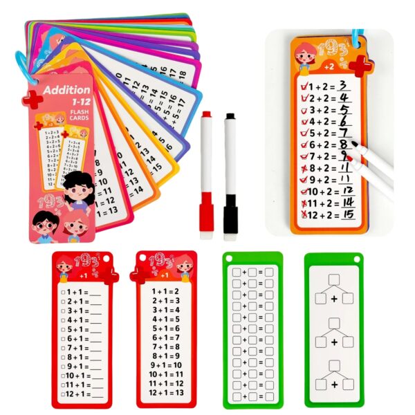 Math Flash Cards Set: Addition, Subtraction, Multiplication, Division & Fraction Learning, 15 Cards + 2 Erasable Pens