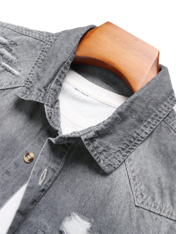 Men's Summer Grey Denim Short Sleeve Shirt with Distressed and Ripped Details, Urban Street Fashion Casual Style