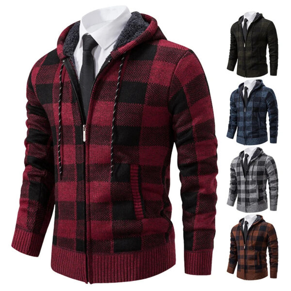 S34700c11b9a64d31adda5fc23f9f85beK.jpg Autumn Winter Men's Cardigan Fashion Plus Velvet Padded Knit Jumpers Male Sweater Hooded Plaid Korean Luxury Brand Coat