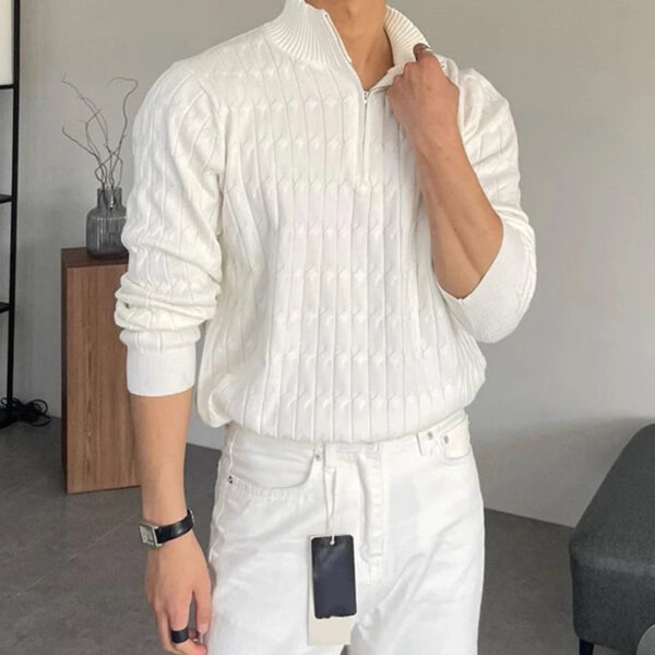 S34a5c8b4e2ba40e88e906be5901de8a4G.jpg Autumn Men Knitted Zipper Pullover Sweater Long Sleeve Solid Color Premium Jacquard Stand Collar Knitwear Trending Streetwear