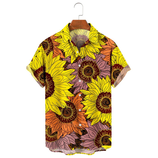 S3650577fc9a04a7d88b378555729a106K.jpg Men's Hawaiian Shirt, 3D Sunflower Print T-Shirt, Floral Single Row Button Lapel, Large 5XL, Casual Style, Beach To
