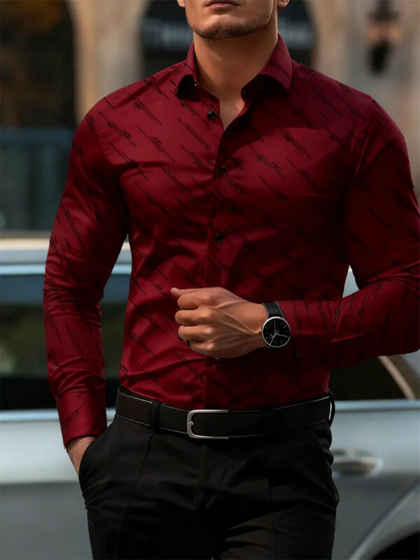 Men's shirt fashion geometric line print long sleeve shirt business office casual slim versatile daily outdoor commuting top