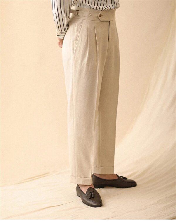 S38e28d1f15ac4e1fa99fc346f2d75203u.jpg Linen Straight Pant For Men Summer Business Gentleman Naples Pant Paris Buckle Drape High Waisted Trousers Men Formal Pant