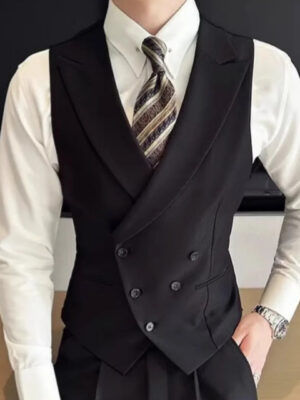 S39314532cf754d1a9f9399f68cf3fb3dR.jpg Men Vest Black With Lapel Solid Double Button Waistcoat For Wedding Groom Banquet Business Casual Work Daily Men Suit Vest