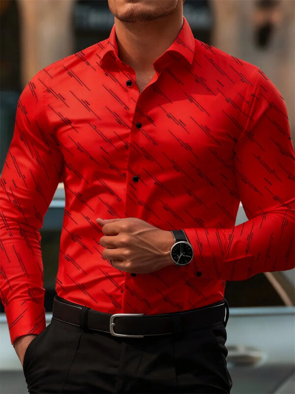 Men's shirt fashion geometric line print long sleeve shirt business office casual slim versatile daily outdoor commuting top