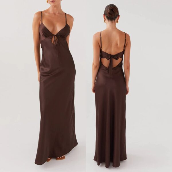 S3a2ee05c57d748579756f45eef9b6550k.jpg Combhasaki Women's Elegant Solid Color Adjustable Thin Shoulder Straps Cutout Tie-Up Front Backless Summer Long Cami Silky Dress