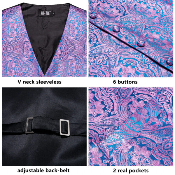 Wedding Purple Men Vest Paisley Floral Necktie Handkerchief Cufflinks Sets Blue Green Red Male Sleeveless V-Neck Waistcoat Party