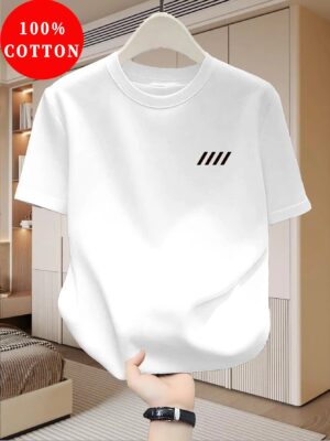 100 cotton Men'S  Oversized T-Shirt - Breathable Short Sleeve Round Neck with Minimalist Black Grid Pattern PrintCa