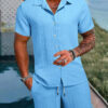 S3c3680a3f9864f5a8ab70189a1274528a.jpg Spring And Summer New Sports Men's Polo Casual Solid Color Loose Short-sleeved Drawstring Shorts Cardigan Striped Sports Suit