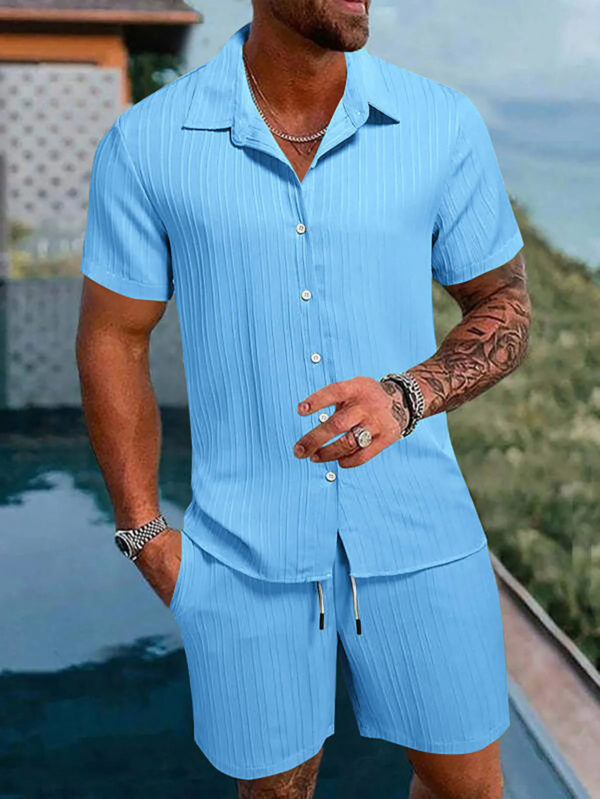S3c3680a3f9864f5a8ab70189a1274528a.jpg Spring And Summer New Sports Men's Polo Casual Solid Color Loose Short-sleeved Drawstring Shorts Cardigan Striped Sports Suit