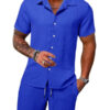 S3d104ab112174de39eb3a413eab03090R.jpg Spring And Summer New Sports Men's Polo Casual Solid Color Loose Short-sleeved Drawstring Shorts Cardigan Striped Sports Suit