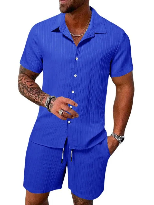 S3d104ab112174de39eb3a413eab03090R.jpg Spring And Summer New Sports Men's Polo Casual Solid Color Loose Short-sleeved Drawstring Shorts Cardigan Striped Sports Suit