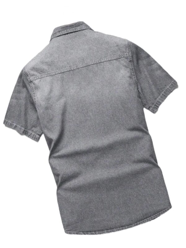 Men's Summer Grey Denim Short Sleeve Shirt with Distressed and Ripped Details, Urban Street Fashion Casual Style