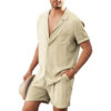 S3d7453ef73f84b0f8a482bc54da7cf33H.jpg Summer Cotton Linen Shirt Set Men's Casual Outdoor 2-Piece Suit Andhome Clothes Pajamas Comfy Breathable Beach Short Sleeve Sets