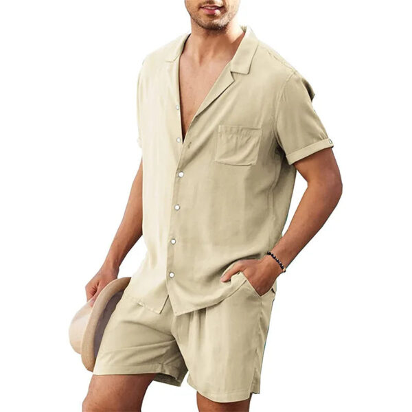 S3d7453ef73f84b0f8a482bc54da7cf33H.jpg Summer Cotton Linen Shirt Set Men's Casual Outdoor 2-Piece Suit Andhome Clothes Pajamas Comfy Breathable Beach Short Sleeve Sets