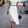 S3f2b9e8997314e7f8dc2038425b15e87u.jpg Freeacy Women's Belted High Neck Short Sleeves Dress 2025 Urban Elegant Office Wear Dresses Asymmetrical Hem Party Dress