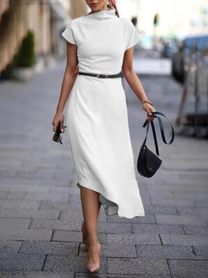 Freeacy Women's Belted High Neck Short Sleeves Dress 2025 Urban Elegant Office Wear Dresses Asymmetrical Hem Party Dress