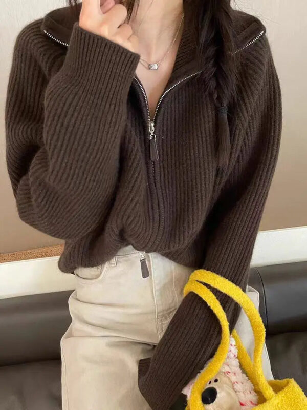 S40917e0ebffb4b1587fb0a968cc73050c.jpg New 2025 high-end autumn and winter knitted women's lapel cashmere wool sweater casual short women's cardigan 100% wool sweater