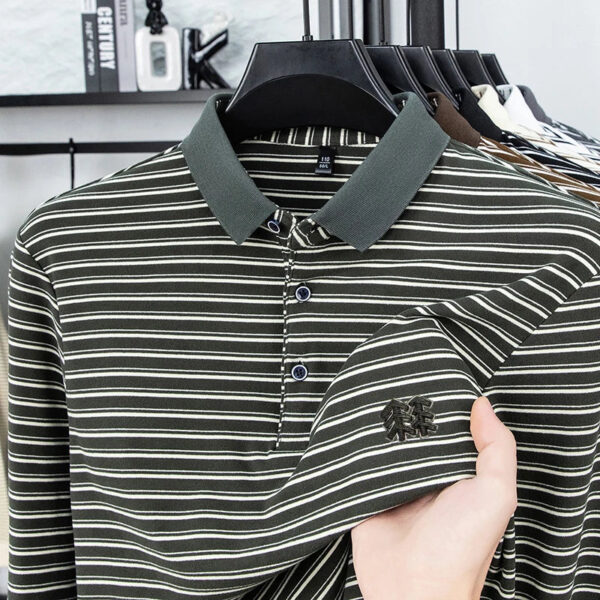 S415aa0292f9344e4a887cd12a0fd982cm.jpg Men's Striped Long Sleeved T-shirt Polo Shirt Button Up Men's Stand Up Collar, Winter Double-sided German Velvet Base Shirt