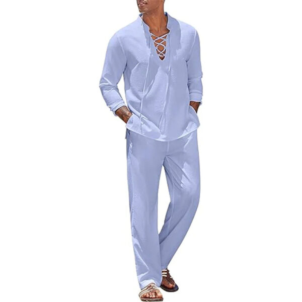 S4203abc382014b6283ae26b8bac9a3b4P.jpg 2pcs Set Men's Cotton Linen Shirt and Pants Suits for Men Beach Wear Tracksuit Solid Color Shirts Sweatpants Hawaiian Vacation