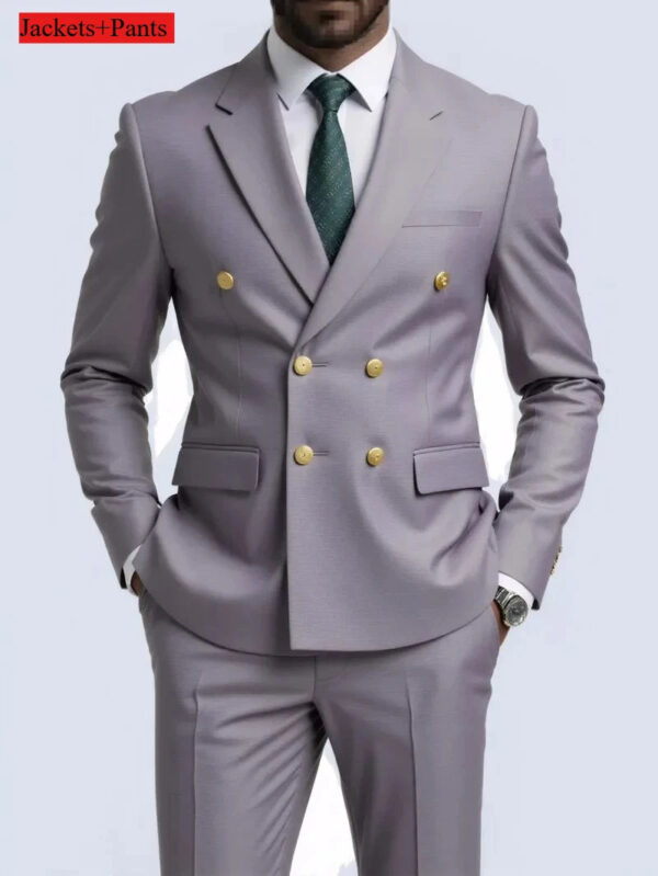 Men Double Breasted Suit Black Slim Fit High Quality Wedding Costume Party Prom Gold Button Male Suits